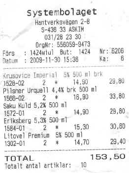 Quittung Systembolaget Quittung Systembolaget
